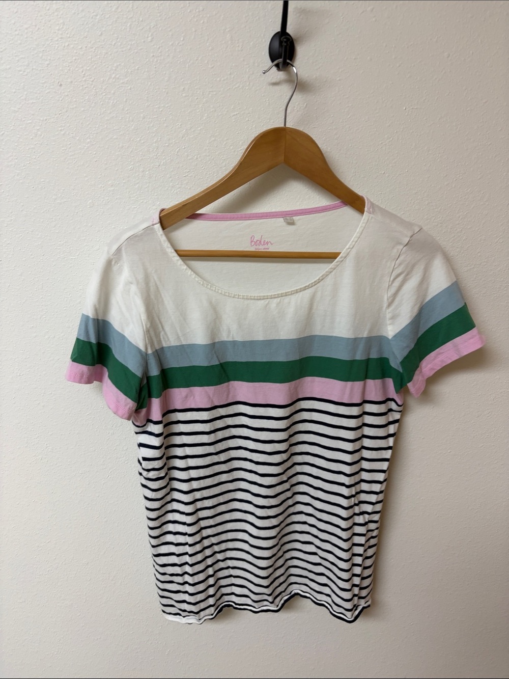 Boden White Short Sleeve Tee with Pink, Green and Blue Stripes. Women’s size 12